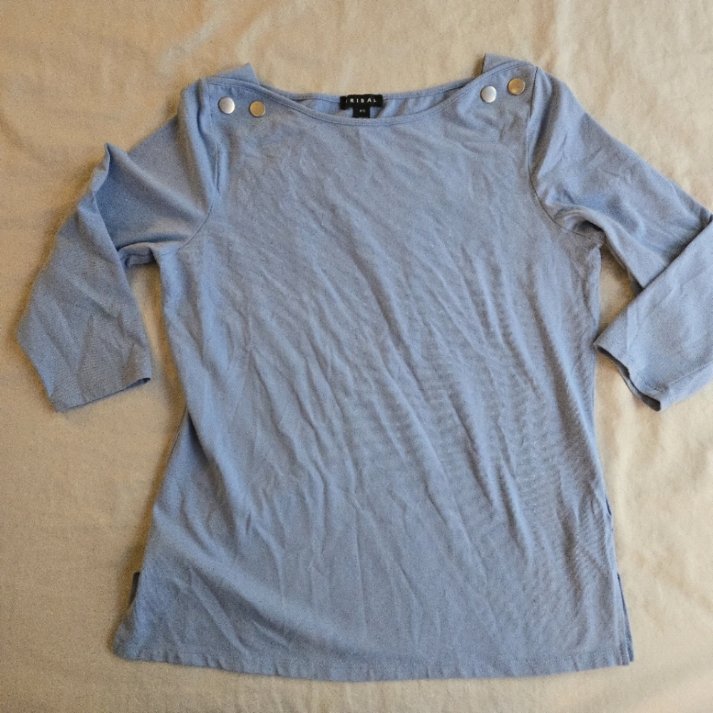 Tribal Light Blue 3/4 Sleeve Stretch Cotton Top with Metal Shoulder Button